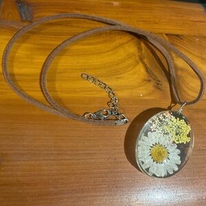 Lucite Floral Pendant Necklace with Brown Leather 18” Chain.  Beautiful!